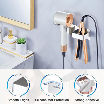 Hair Dryer Holder Wall Mounted, Hair Straightener Holder Metal, Adhesive Blow Dryer and Hair Straightener Holder, Bathroom Bedroom Hair Tool Organizer for Flat Iron,Curling Iron,Hairdryer (White)