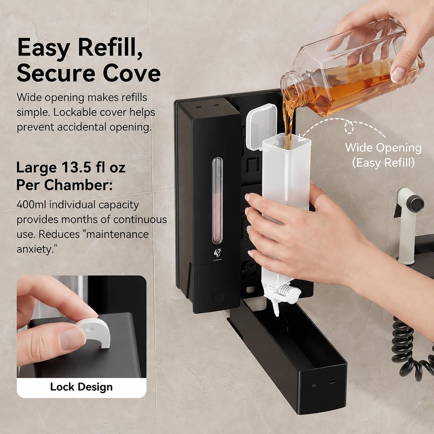 Shampoo and Conditioner Dispenser - Wall-Mounted 3-Chamber Shower Soap Dispenser, No-Drill, 1200ML Capacity, for Bathroom & Hotel