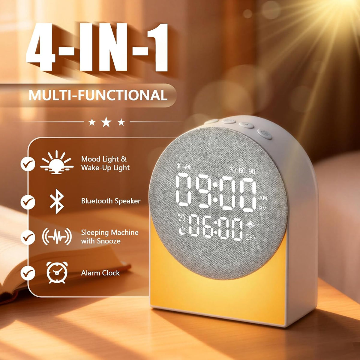 Sunrise Alarm Clock White Noise Sound Machine Night Light, Sound Machine with Speakers Bluetooth Wireless Timer Digital Alarm Clock Rechargeable LED Night Lights for Bedroom Decor Birthday Gift