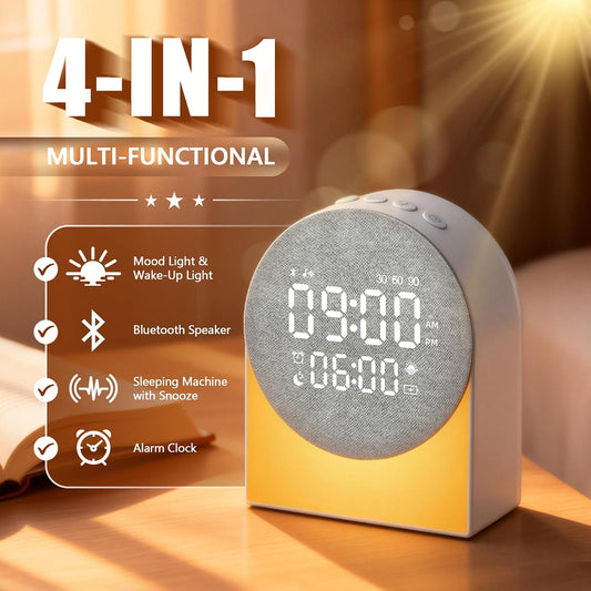 Sunrise Alarm Clock White Noise Sound Machine Night Light, Sound Machine with Speakers Bluetooth Wireless Timer Digital Alarm Clock Rechargeable LED Night Lights for Bedroom Decor Birthday Gift