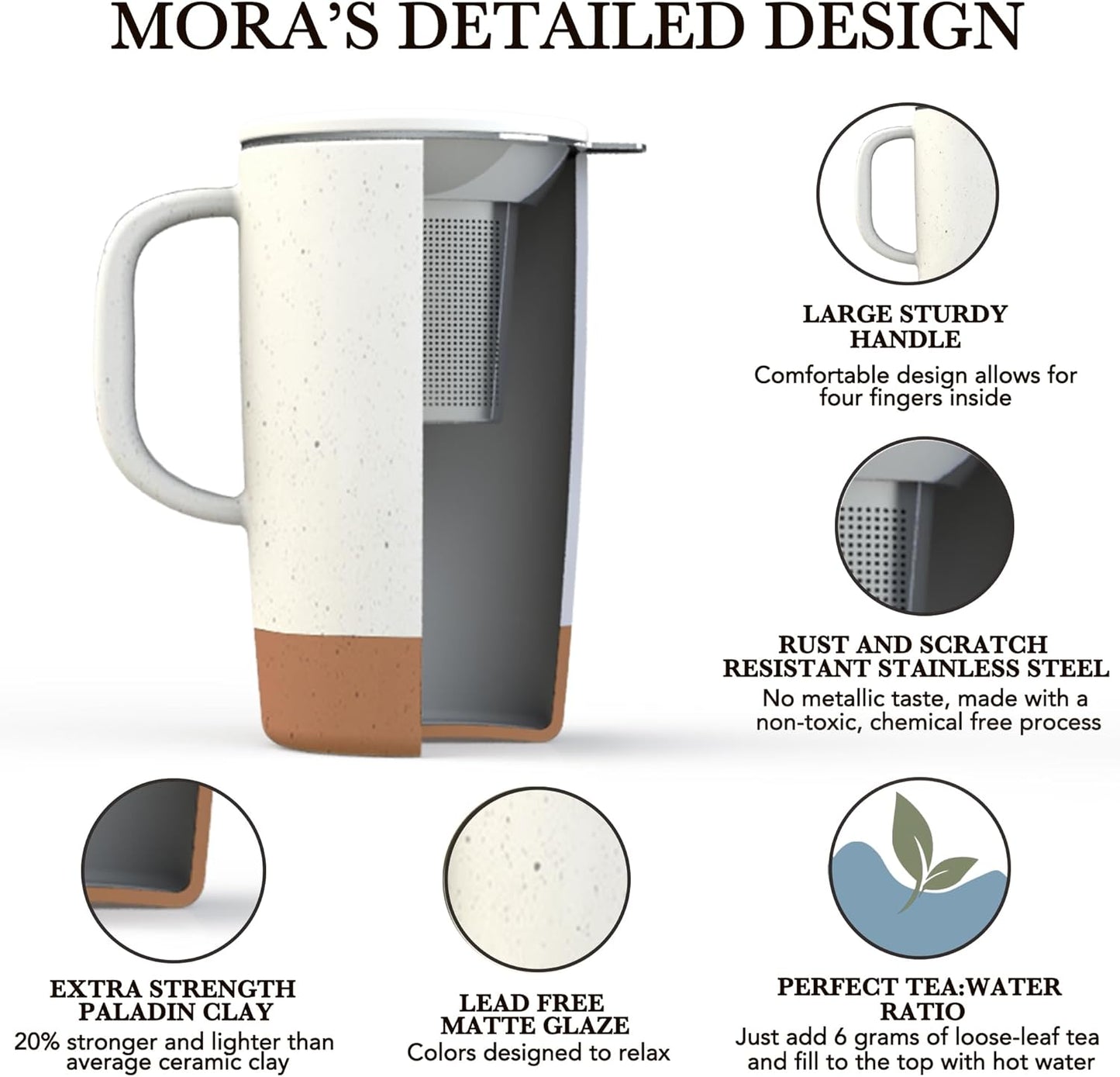 Mora Ceramics Large Tea Mug with Loose Leaf Infuser and Ceramic Lid, 18 oz, Portable, Microwave and Dishwasher Safe, Tall Coffee Cup - Rustic Matte Ceramic Glaze, Modern Herbal Tea Strainer, Olive