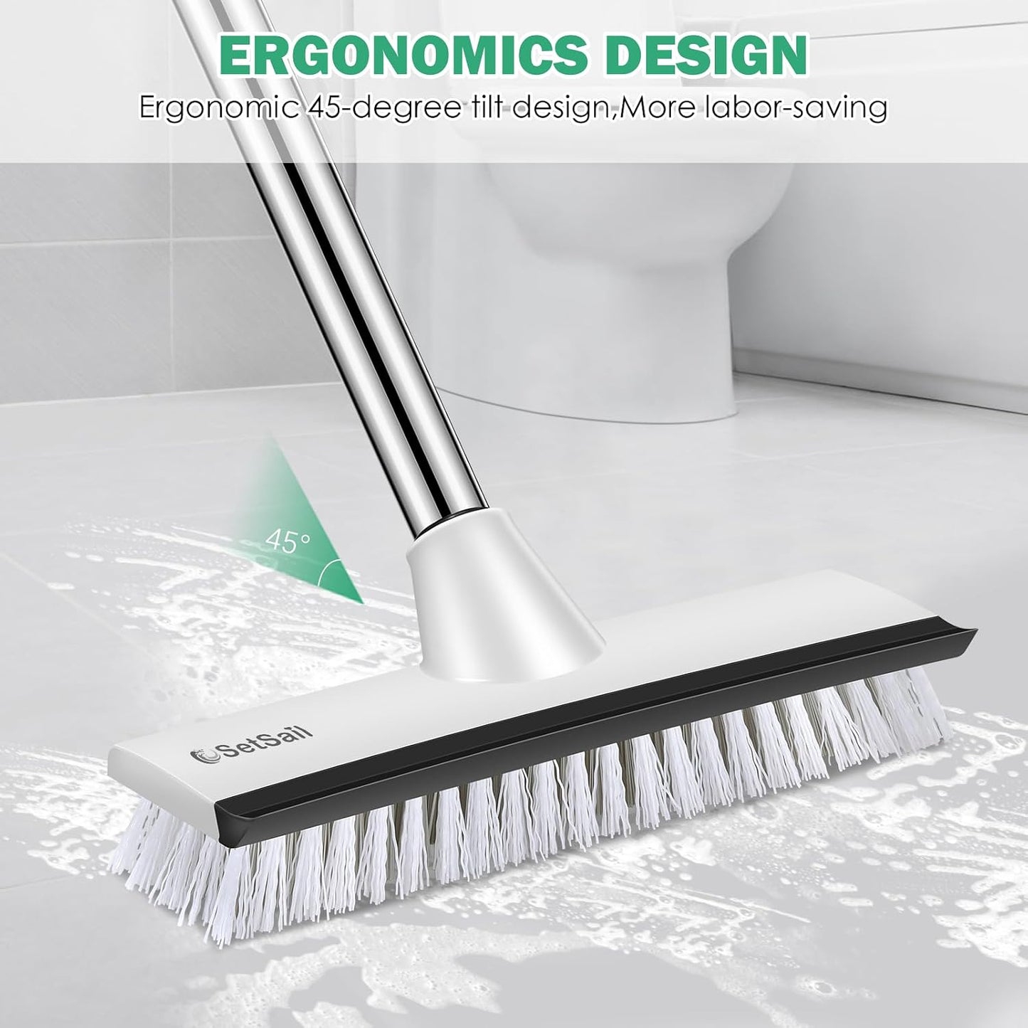 SetSail Floor Scrub Brush with 51-Inch Long Adjustable Handle 2 in 1 Scrape Brush Stiff Bristle Floor Scrubber for Cleaning Shower Bathroom Garage Kitchen Wall Deck Tub Tile | 2 in 1 Scrape Brush Stiff Bristle Floor Scrubber for Cleaning Shower Bathroom