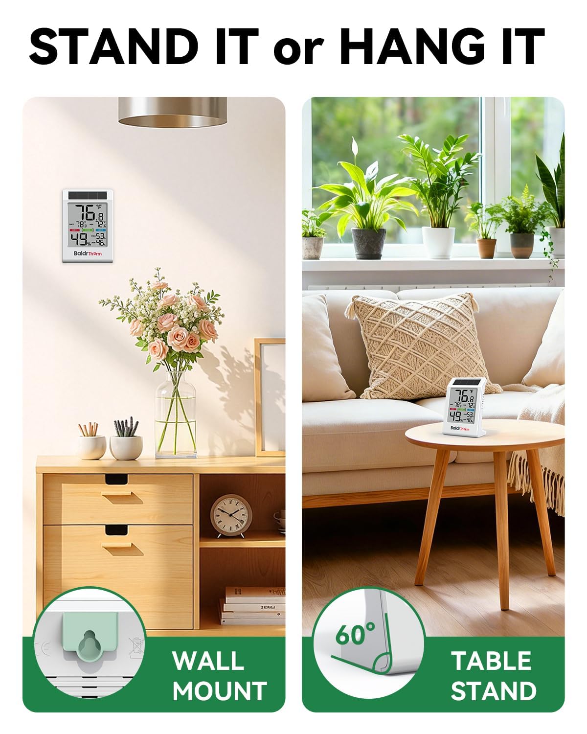 BALDR Solar Indoor Thermometer Hygrometer, Max/Min, Comfort Meter (White) | Solar & Battery Dual Power |No Setup or App Required |Clear Comfort Level Indicator |Flexible Desk or Wall Placement