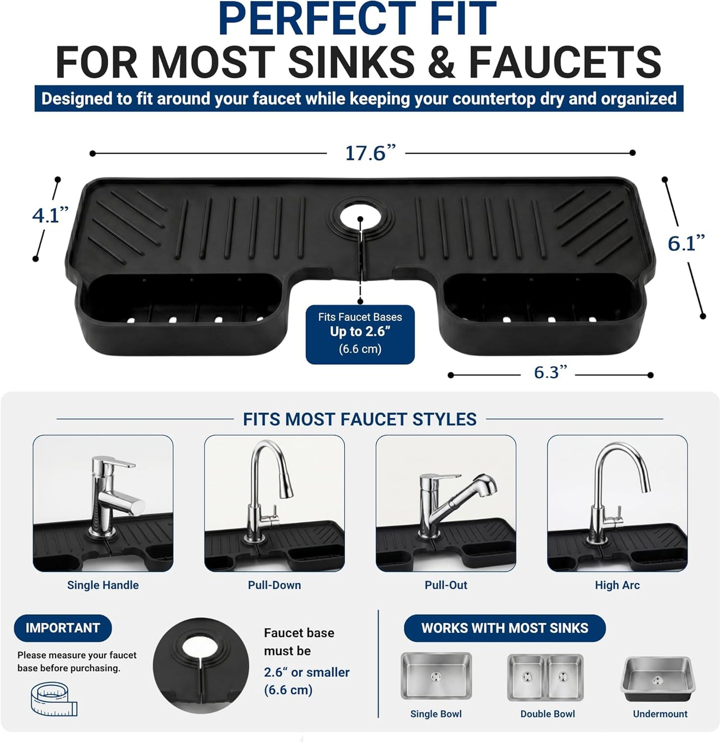 Silicone Faucet Splash Guard Mat 2 Pack – Single Hole, Black & Gray | Fast-Drying Sink Counter Protector & Drain Tray for Kitchen & Bathroom Faucets – BPA-Free, Hand Wash or Dishwasher Safe