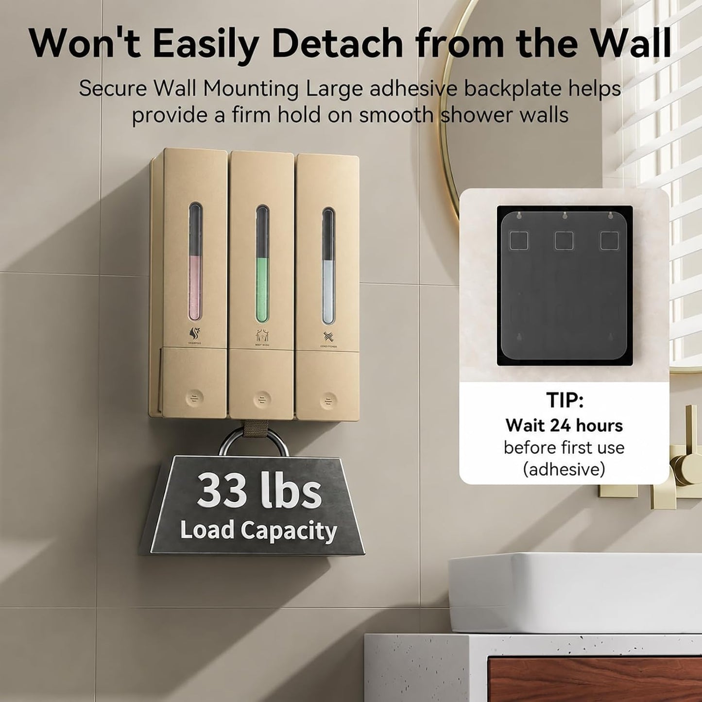 Shampoo and Conditioner Dispenser - Wall-Mounted 3-Chamber Shower Soap Dispenser, No-Drill, 1200ML Capacity, for Bathroom & Hotel
