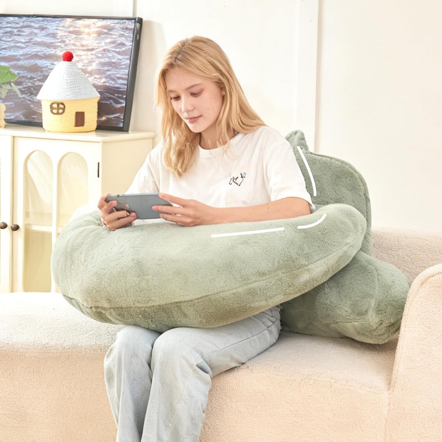 Reading Pillow for Sitting in Bed with Arm,White Corduroy, M | Sitting Pillow for Teens Back Support,17" Backrest Pillow Supports Reading,Gaming & Relaxing in Bed,Couch,Floor