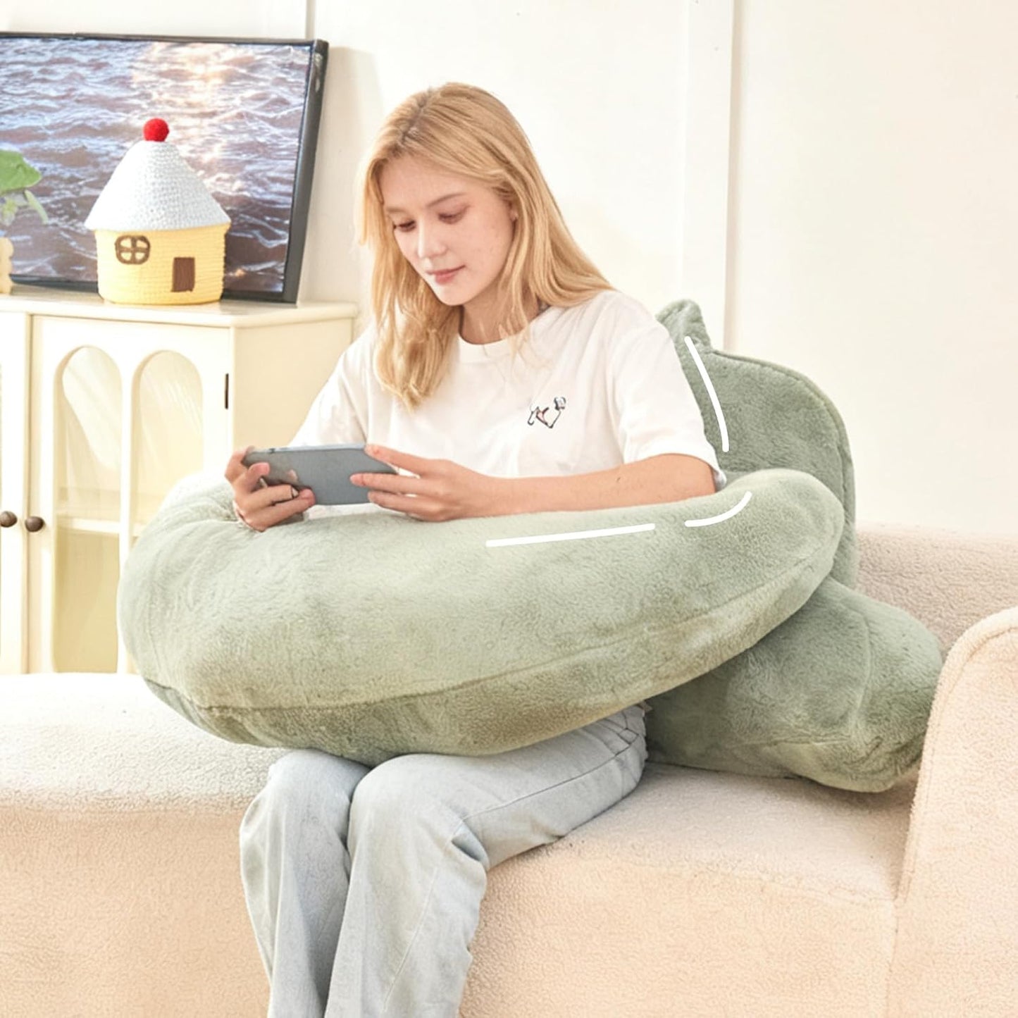 Reading Pillow with Arms for Sitting in Bed,Backrest,White Flannel,M | 17" Backrest Supports Back for College Students,Elbows & Forearms for Dorm Reading,Gaming,Watching TV