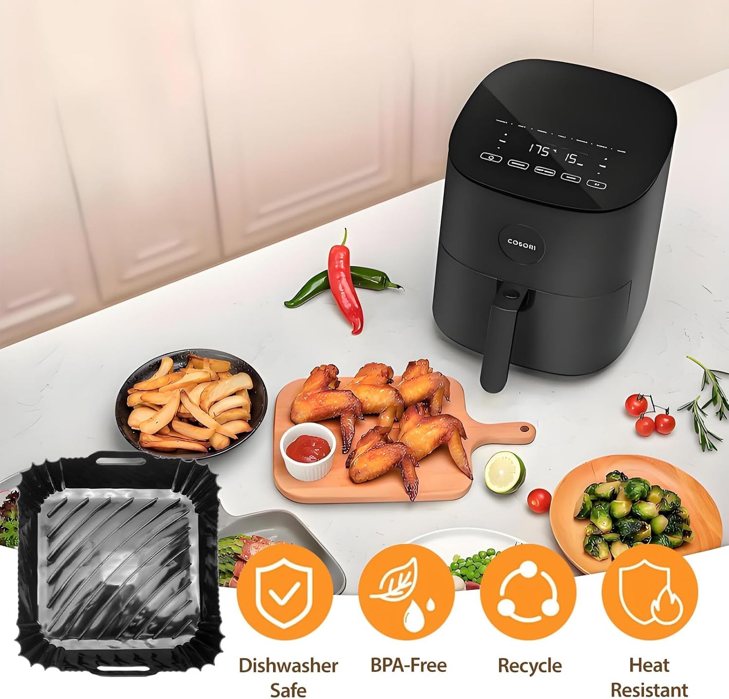 Silicone Air Fryer Liner Accessories for COSORI TurboBlaze 6Qt Air Fryer 9-in-1, Compact & Large 6-Qt, Fast Turbo Modes, Dishwasher Safe Airfryer Accessories Silicone Liners for CAF-DC601