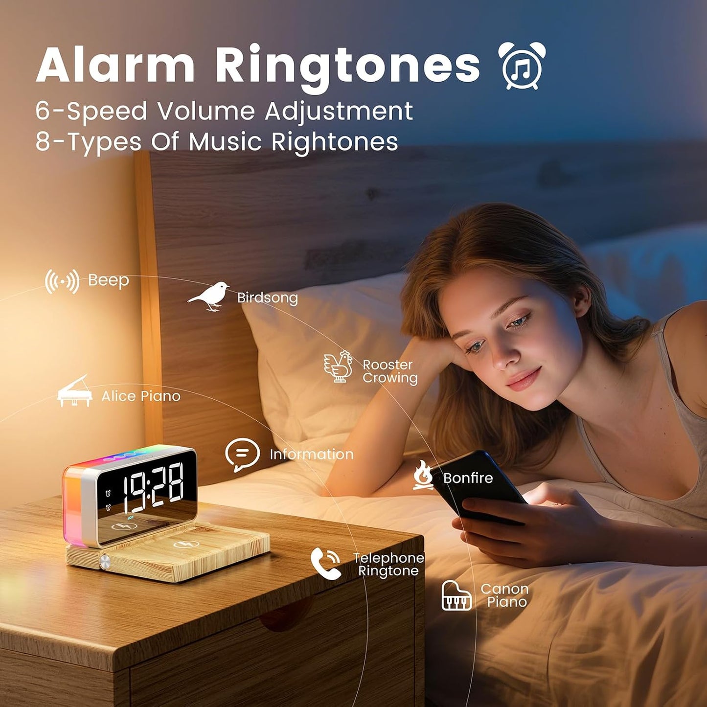Alarm Clock for Heavy Sleeper,Wireless Charging,Bluetooth Speaker | Dual Alarms for Bedroom,10W Wireless Charging,White Noise Sound Machine, Ideal Gift for Adults,Teens,Kids,Senior (Wood Grain)
