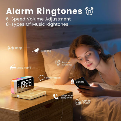 Alarm Clock for Heavy Sleeper,Wireless Charging,Bluetooth Speaker | Dual Alarms for Bedroom,10W Wireless Charging,White Noise Sound Machine, Ideal Gift for Adults,Teens,Kids,Senior (Wood Grain)