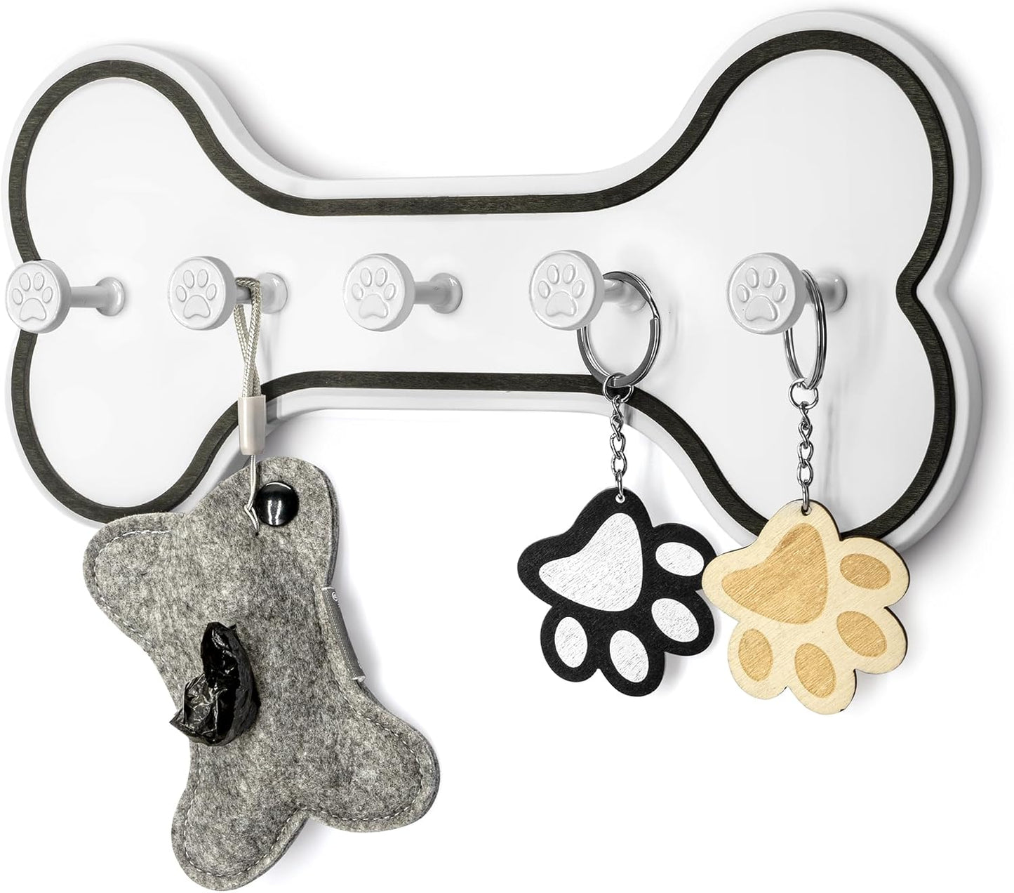 MTERSN Dog Leash Holder Wall Mount with 3D Paws Hooks, Distressed White | Bone-Shaped Dog Leash Holder for Wall, Leash Holder, 5 Dog Leash Hook, Pet Accessories Storage, Gift for Dog Lovers