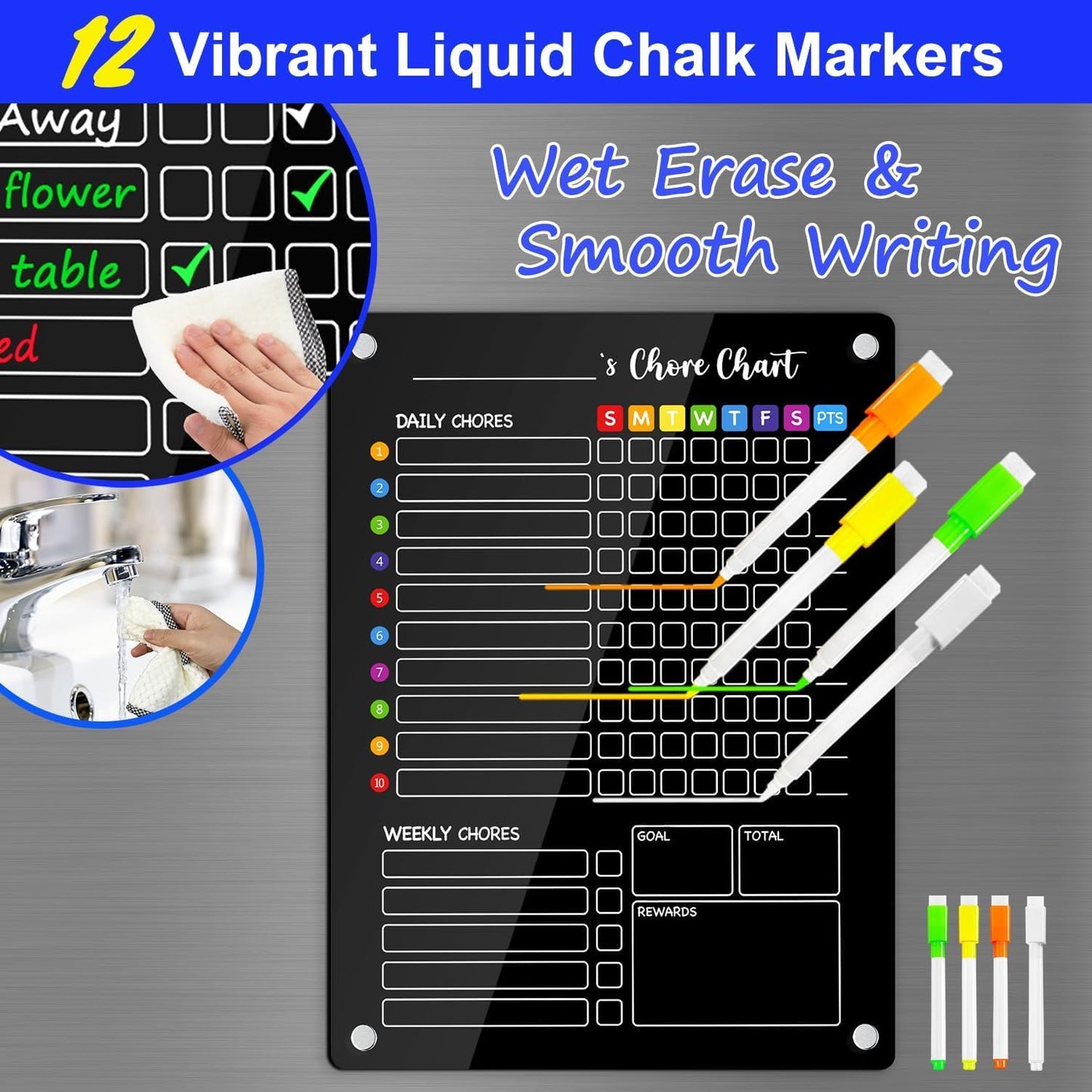 PigPotParty 2-in-1 Acrylic Magnetic Chore Chart for 2 Kids, Large 16x12 in | Clear Dry Erase Fridge Chore Board for Teens, Roommates; Vibrant Layout; Embedded Magnets; 12 Wet-Erase Markers and Towel