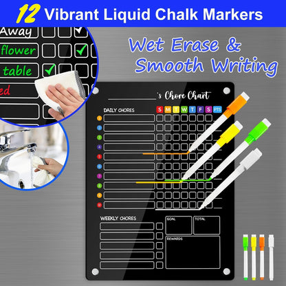 PigPotParty 2-in-1 Acrylic Magnetic Chore Chart for 2 Kids, Large 16x12 in | Clear Dry Erase Fridge Chore Board for Teens, Roommates; Vibrant Layout; Embedded Magnets; 12 Wet-Erase Markers and Towel