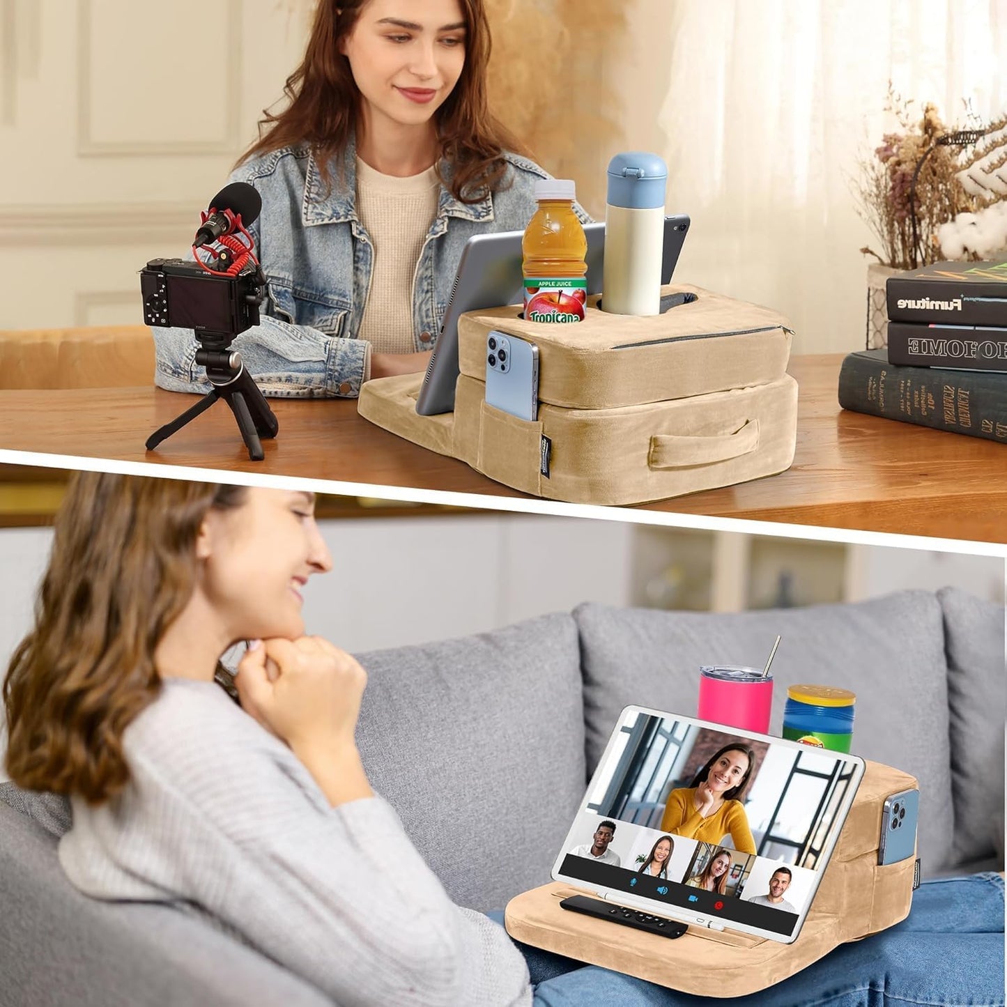 Couch Cup Holder Tray Pillow - Bed, Couch Caddy, Sofa, RV & Car - Holds Drinks, Snacks, Remotes, Phones, Kindle, Tablet | Bed Cup Holder (Grey)