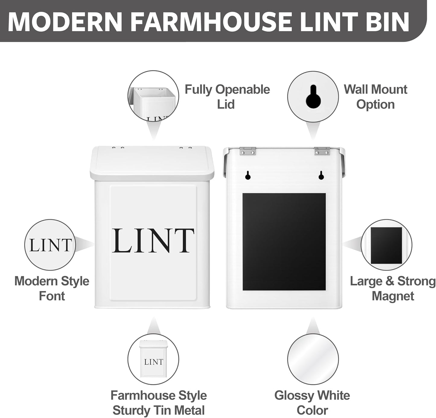 Calindiana Modern Farmhouse Metal Magnetic Lint Bin with Lid and Laundry Room Organization and Storage Wall Mount Space Saving Washer and Dryer Trash Can (White (LINT Brush Set))
