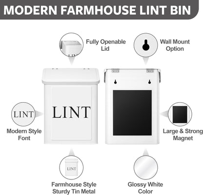 Calindiana Modern Farmhouse Metal Magnetic Lint Bin with Lid and Laundry Room Organization and Storage Wall Mount Space Saving Washer and Dryer Trash Can (White (LINT Brush Set))