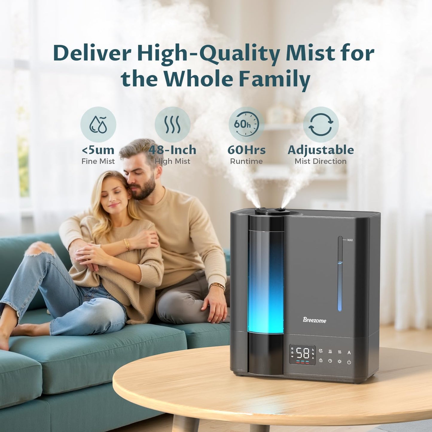BREEZOME 8L Warm & Cool Mist Humidifier for Large Room 25dB 60H Runtime | Top Fill, 7-Color Mood Light, Smart Auto Humidistat, Essential Oil Tray, Safe Child Lock, 1-24H Timer for Bedroom Baby Plants