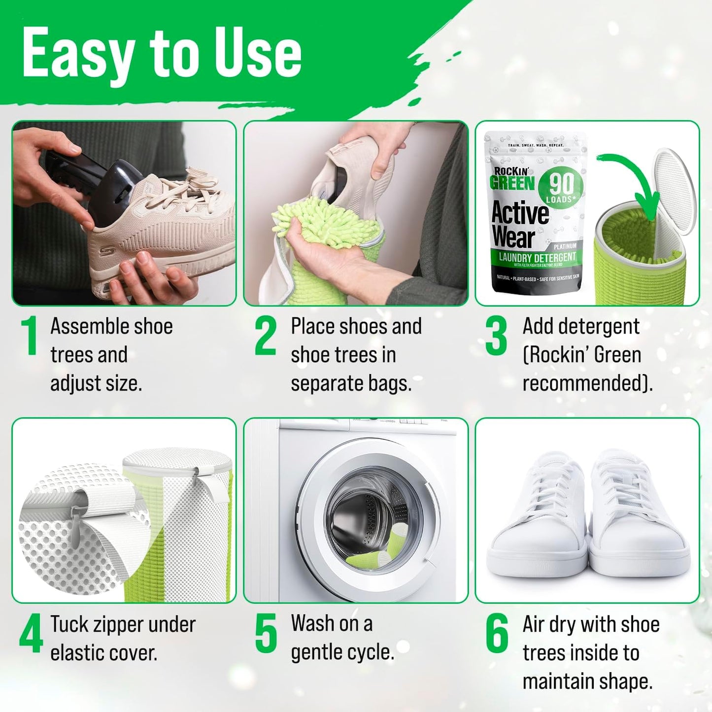 Rockin' Green Shoe Washing Machine Bag Deep Clean 1 Pack | 360° Deep Clean, Reusable, with Cleaning Fibers and Zipper, Shoe Washing Machine Bag, Sneaker Cleaning Kit