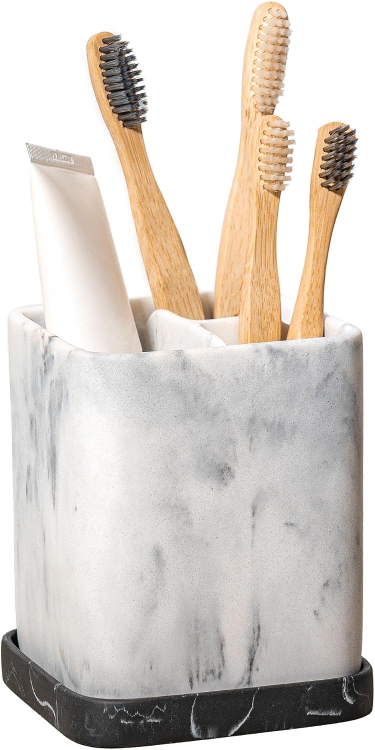 Marble Look Toothbrush Holder for Bathroom Countertop Organizer, Holds Toothpaste, Dental Floss, Razor, Comb, Makeup Brushes, and More, Stylish Bathroom Accessory for Tooth Brushing Essentials