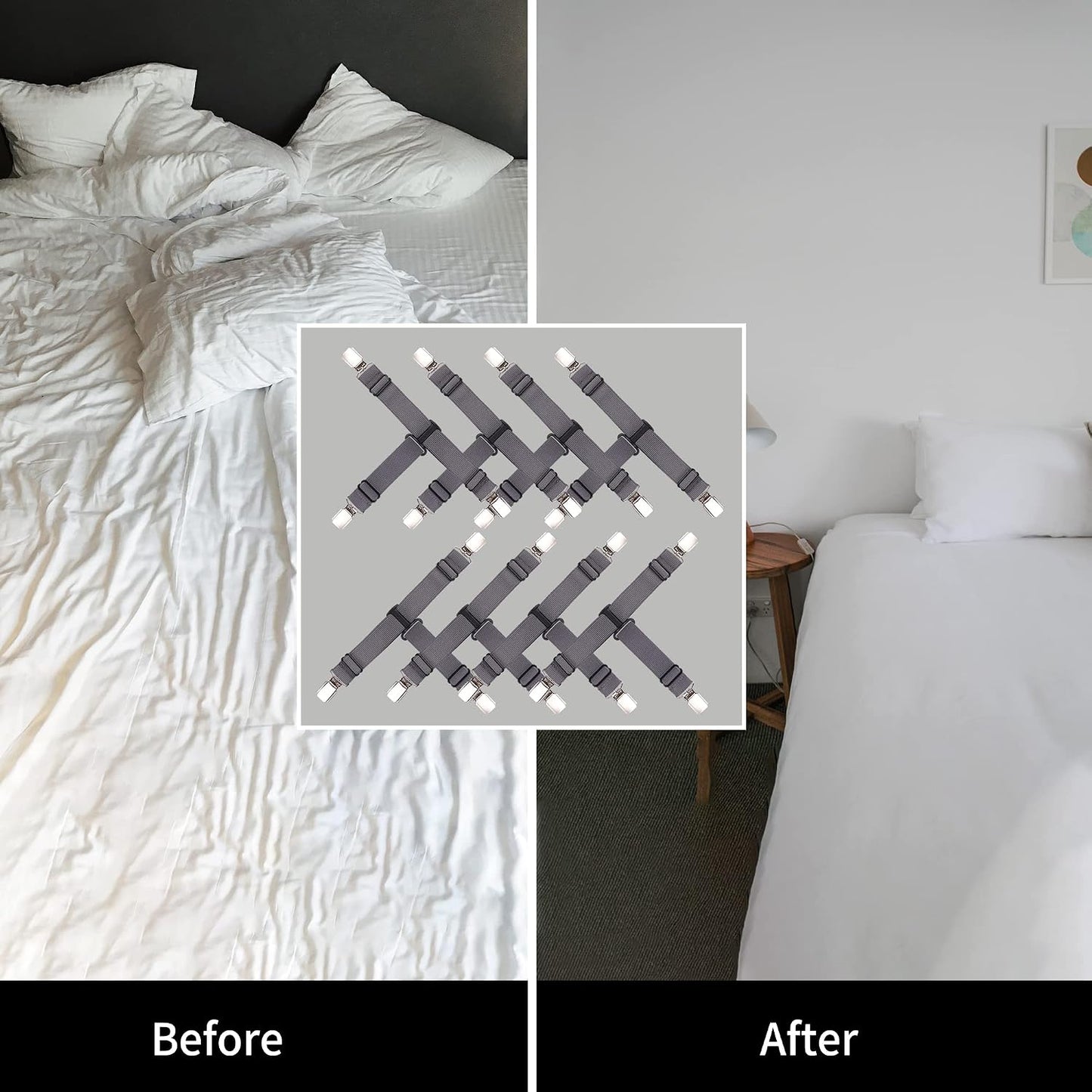 Upgrade Design Fitted Sheet Straps 8 PCS Bed Sheet Fasteners Sheet Holders for Corners Fitted Sheet Clips Grey
