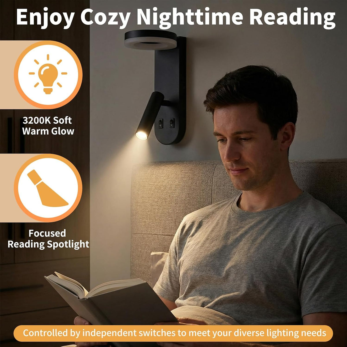 Wall Mounted Reading Lights for Bedroom - Independent Switch, 350° Adjustable Bedside Lamps Set of 2, Hardwired Installation LED Wall Sconces for Living Room, Study Room