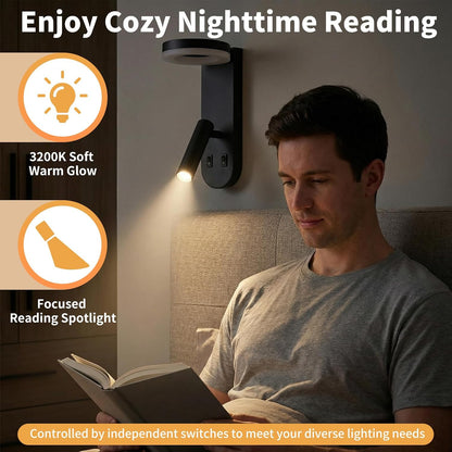 Wall Mounted Reading Lights for Bedroom - Independent Switch, 350° Adjustable Bedside Lamps Set of 2, Hardwired Installation LED Wall Sconces for Living Room, Study Room