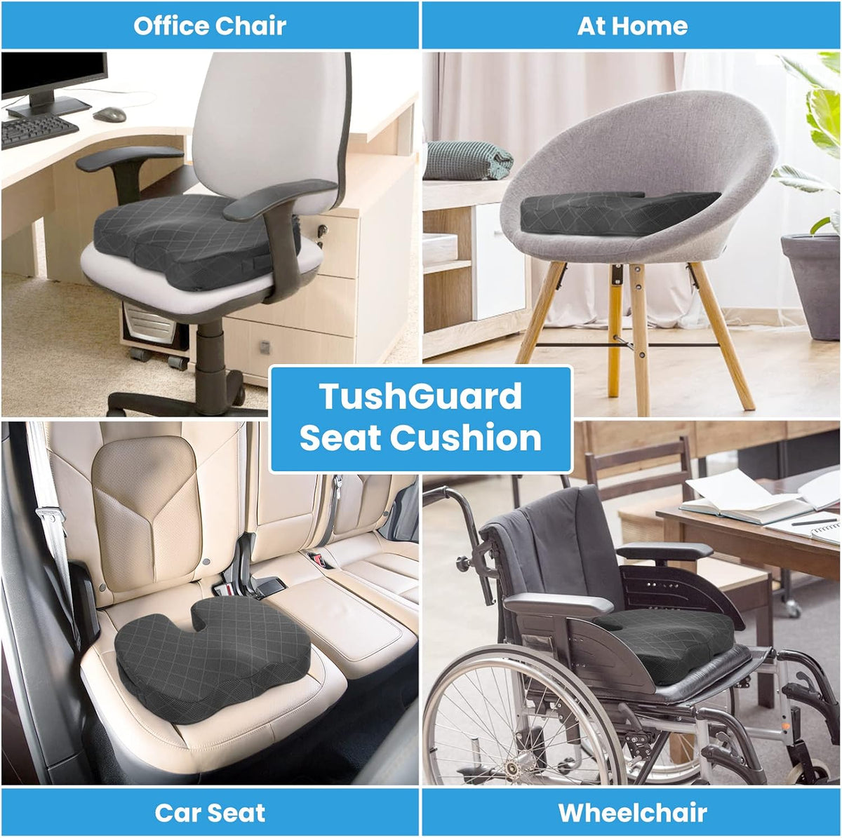 TushGuard Seat Cushion, Memory Foam Office Chair Cushion - Black, Large