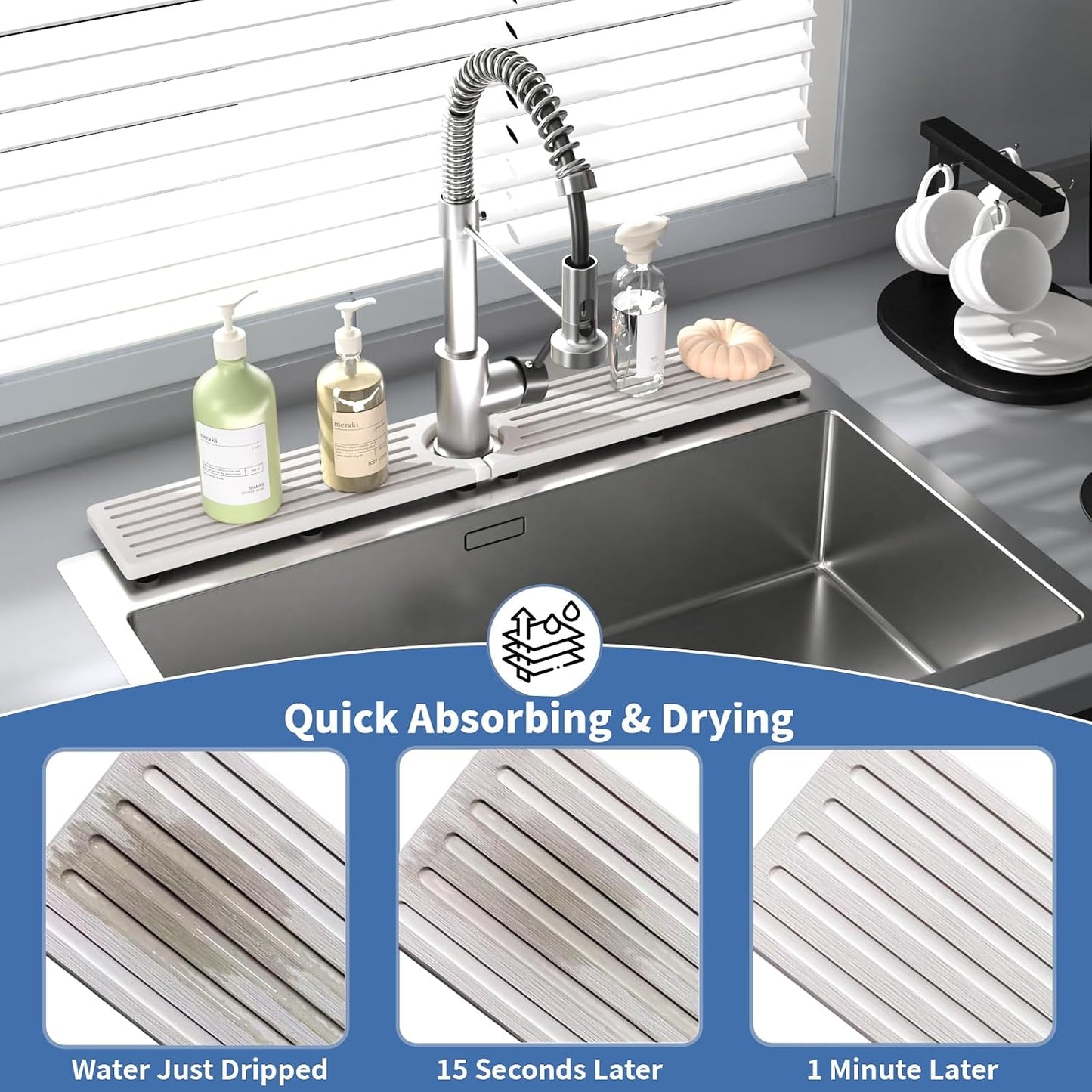 Faucet Mat for Kitchen Sink, Water Absorbent Kitchen Faucet Mat, Durable Sink Splash Guard with Raised Feet, Diatomite Fast Drying Kitchen Sink Faucet Mat, Bathroom Stone Drying Tray for Counter