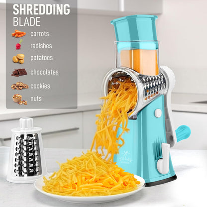 Zulay Kitchen Rotary Cheese Grater 5 Blade Cheese Shredder - Manual Hand Crank Cheese Grater With Reinforced Suction & 5 Interchangeable Drums - Easy to Use, Vegetable Chopper Round Mandoline Slicer - Colors B