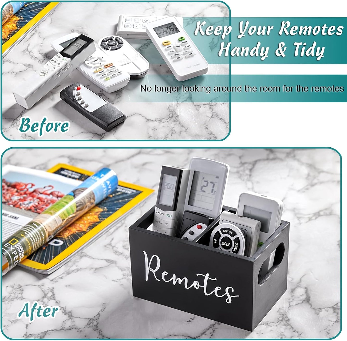 DRASTAR Remote Control Holder, Wood TV Remote Holder, Remote Storage Caddy, Remote Control Organizer (Black, 2 Slots)