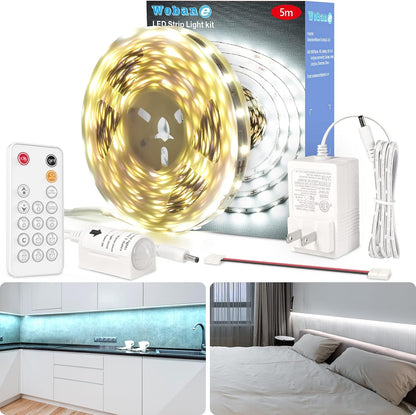 WOBANE 16.4ft Motion Sensor LED Strip with Remote,Warm White Tape Lighting | Dimmable LED Strip Lights for Kitchen, Under Cabinet, Bedroom, Shelf, Bed, PIR Function,Night Light,Adapter,3000K Warm White