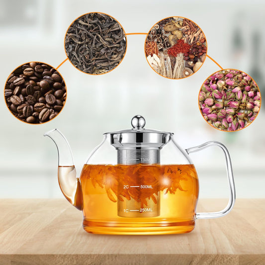 STNTUS Glass Teapot, 40 oz. / 1200 ml for Loose Tea, With Infuser and Stainless Steel Strainer, Stovetop Safe, 4-6 Cups