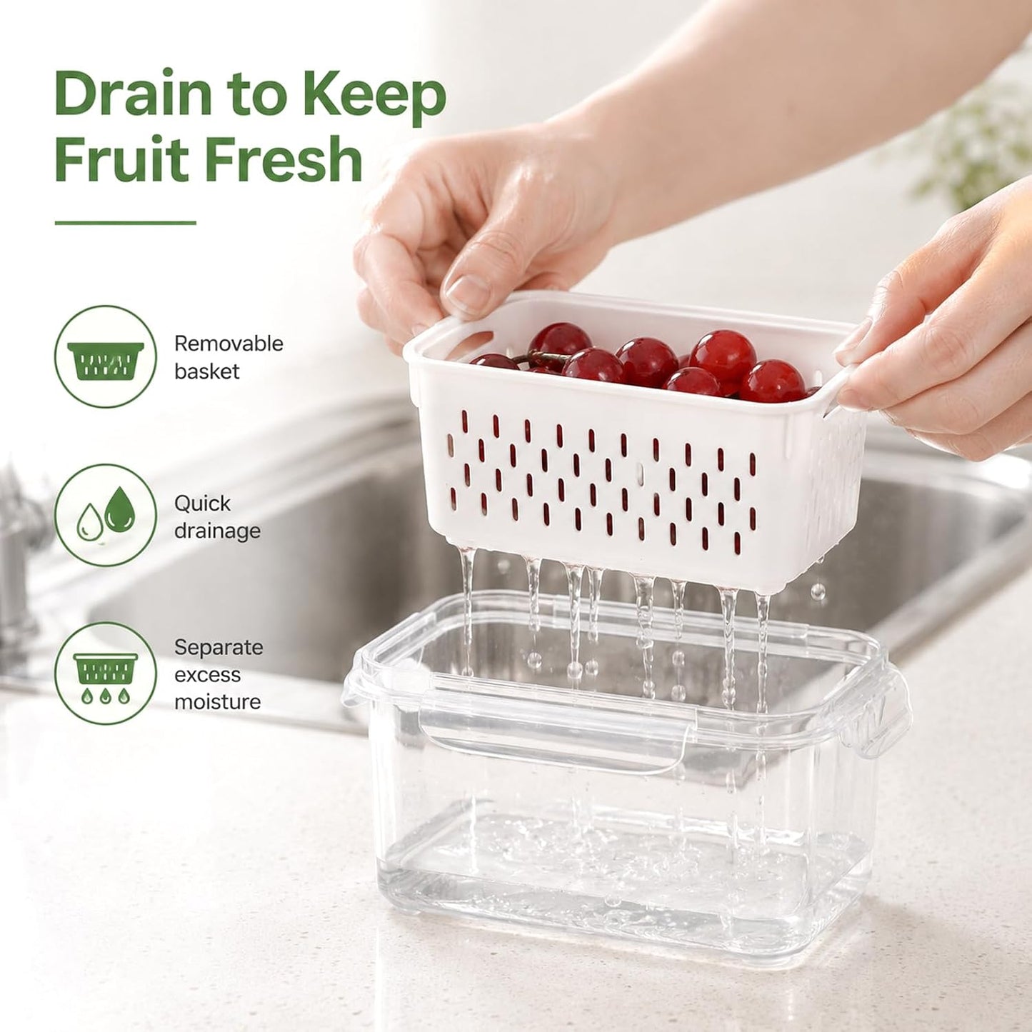 Fruit Storage Containers for Fridge (5x3.3x2.6 Inch) | Leakproof Produce Containers for Fridge with Removable Colander, Food Storage Containers, Durable, Keeps Food Fresh Longer