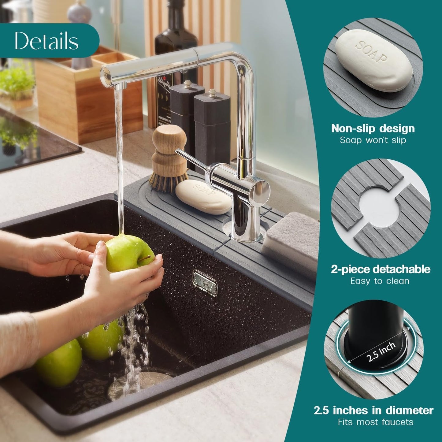 Stone Faucet Mat for Kitchen Sink – Diatomite Drying Stone Mat & Sink Protector, Prevents Moisture – Sink Splash Guard Water-Absorbing Stone Tray for Bathroom Counter (Light Grey, 20" x 3.9")