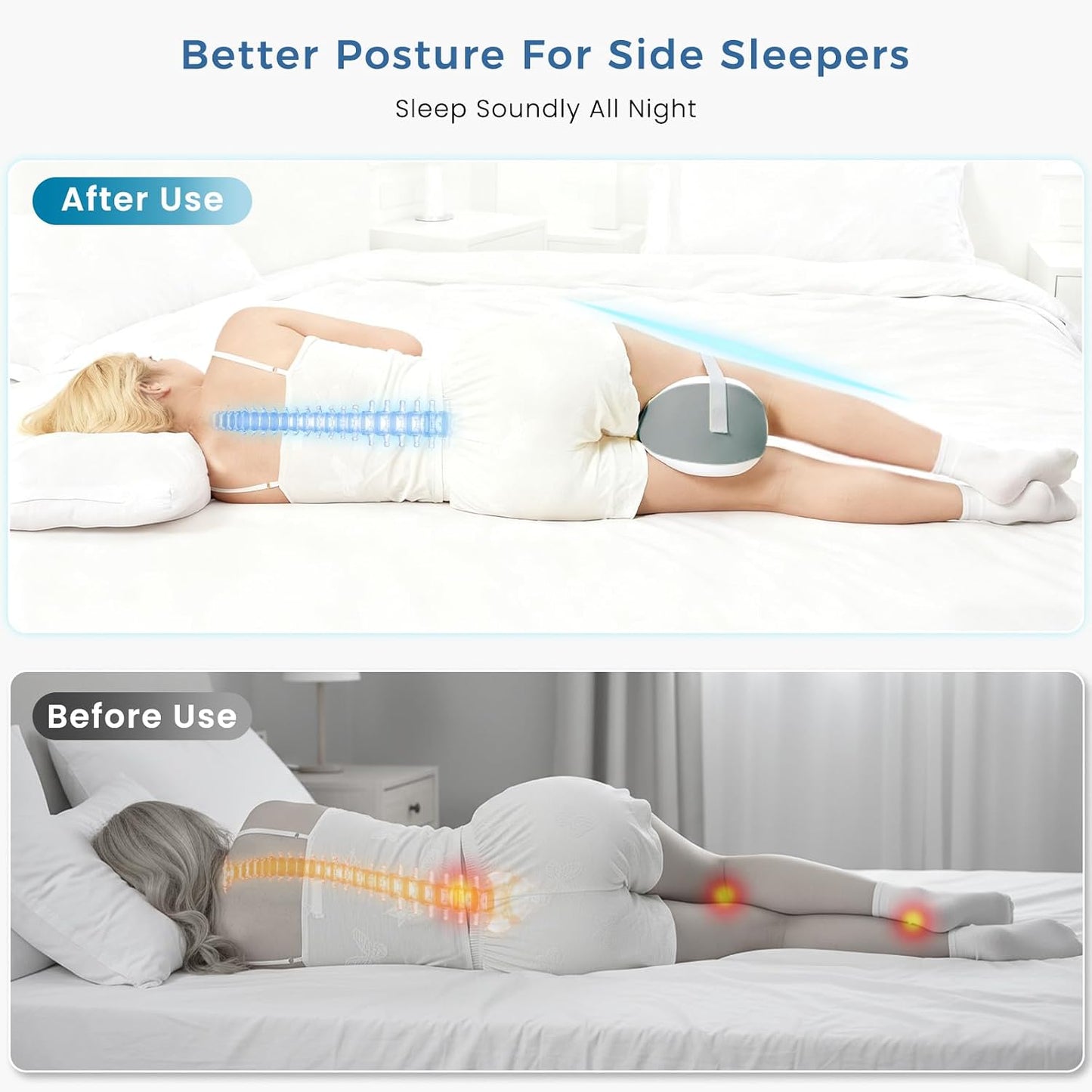 Knee Pillow for Side Sleepers, Leg Pillow with Adjustable Hook & Loop Strap & Removable Washable Cover for Spine Alignment, Sciatica, Hip & Back Pain Relief