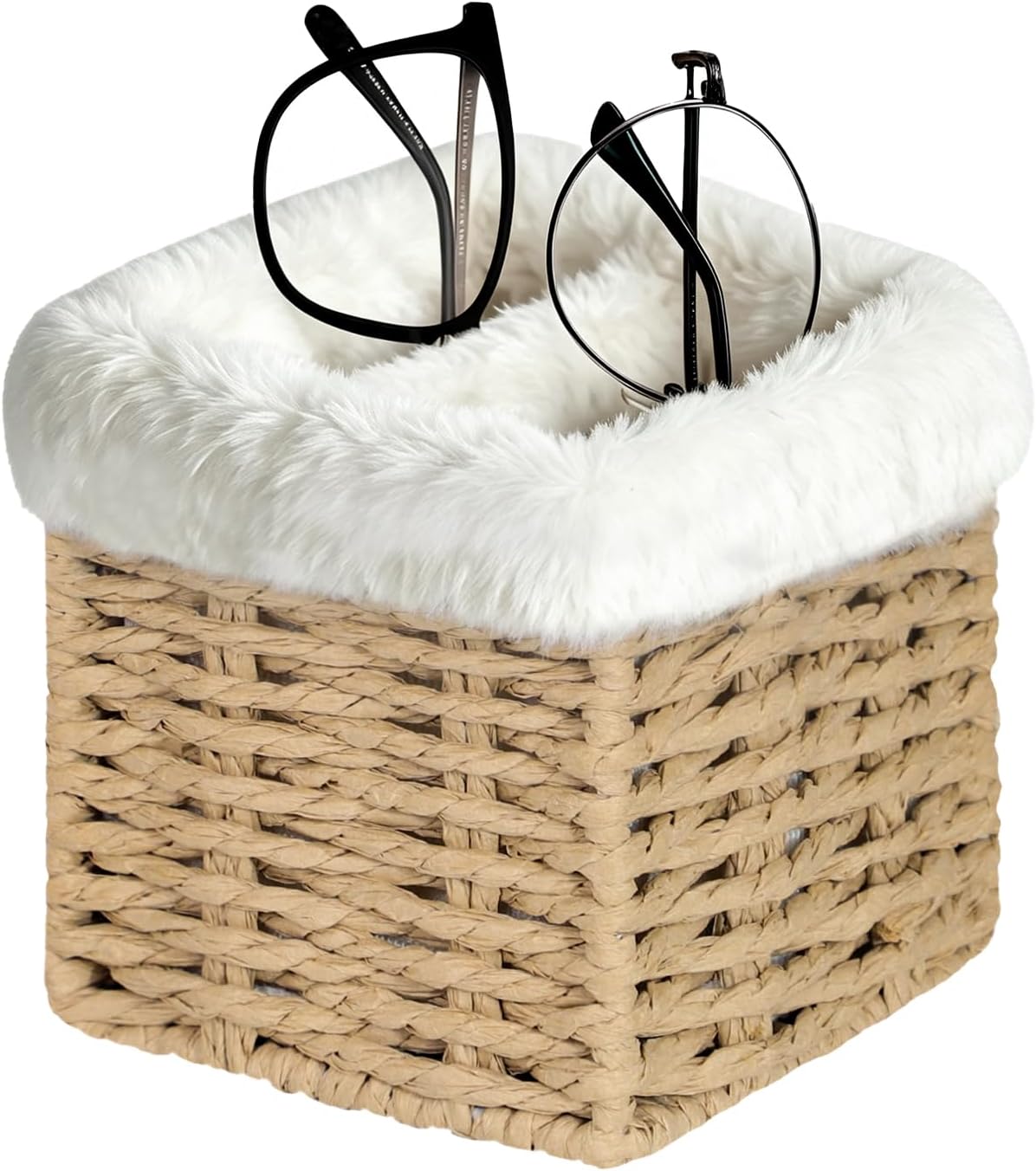 Glasses Holder, Paper Rope Plush Lined Eyeglass Holder Stand 2 slots Eyeglasses Storage Organizer for Nightstand Desk