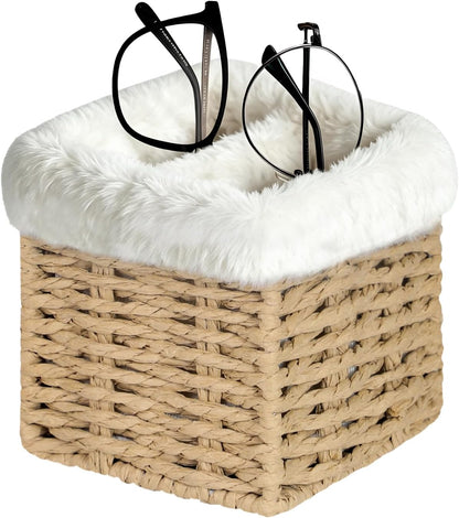 Glasses Holder, Paper Rope Plush Lined Eyeglass Holder Stand 2 slots Eyeglasses Storage Organizer for Nightstand Desk
