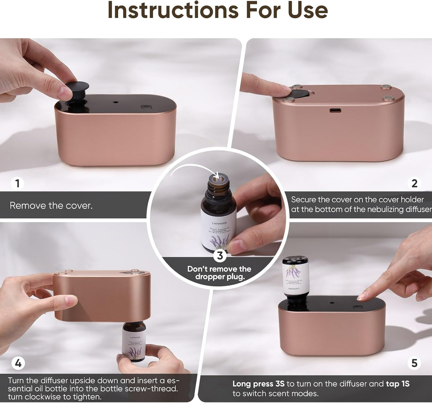 Lecdura Waterless Diffuser for Essential Oil, Battery Operated Scent Air Aromatherapy Diffuser, Mini Aroma Diffusers with 3 Intermittent Mist Modes, Cycle Start for 400-700 sq.ft Home Office Bedroom.