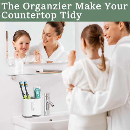 Bamboo Toothbrush Holder for Bathrooms Toothpaste Organizer, Small, White | 2 Slots, Easy to Clean, Plastic, Kids Electric Toothbrush, Drainage, Removable, For Bathroom, Vanity, Kitchen Sink, Office