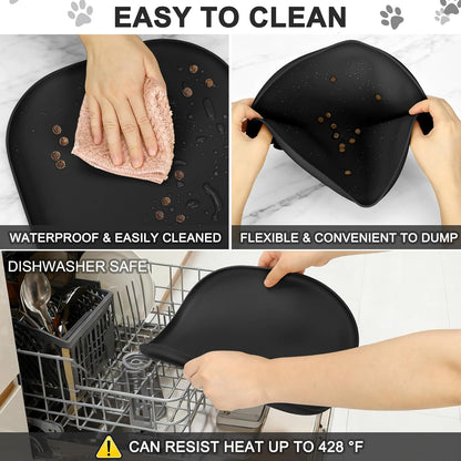 SMILOOL Waterproof Silicone Pet Food Mat with Raised Edge for Dog & Cat | 19" x 12" Non-Slip Pet Feeding Mats with Lip for Food & Water Bowl, Food Grade, Easy Cleaning, Black