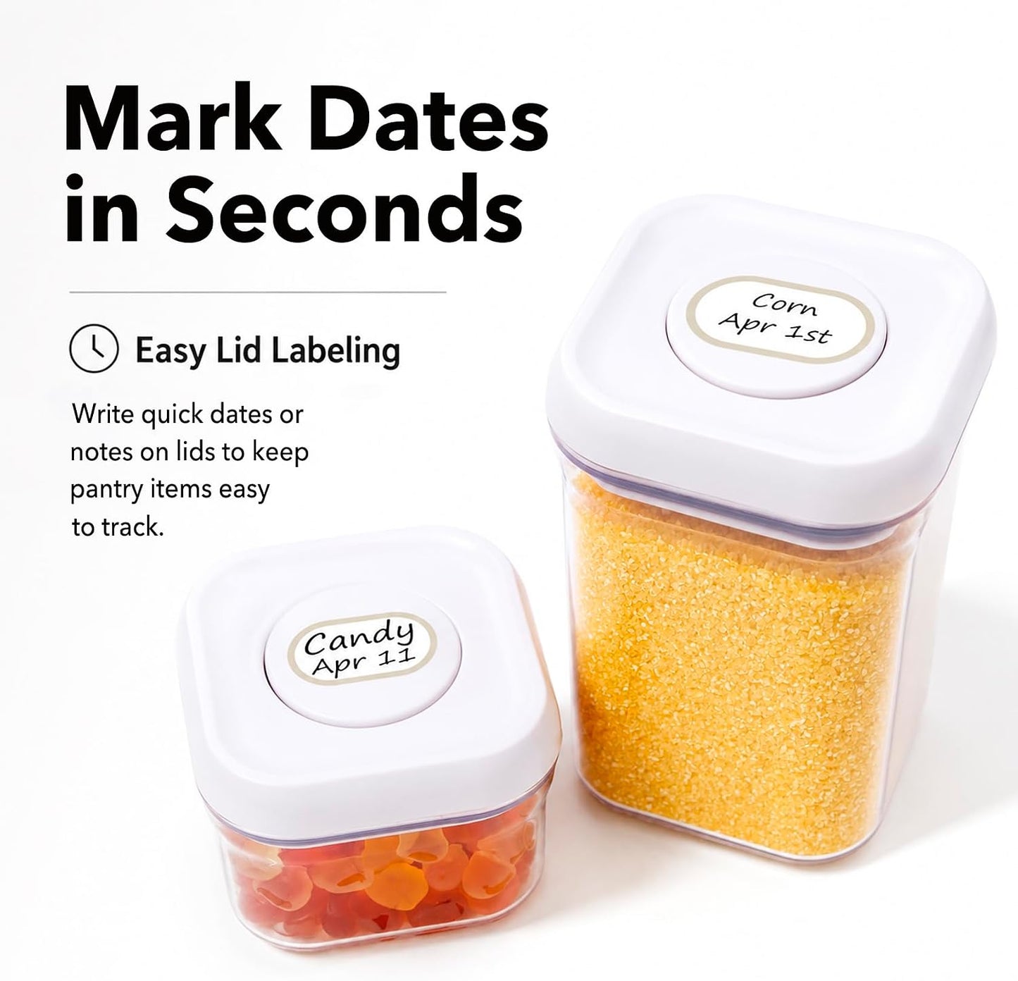 Waterproof Kitchen Labels for OXO POP Containers, 64-Pack, 2 Sizes | Removable Writable Food Storage Stickers, Tear-Resistant Pantry Organization Decals for Plastic and Glass Jars