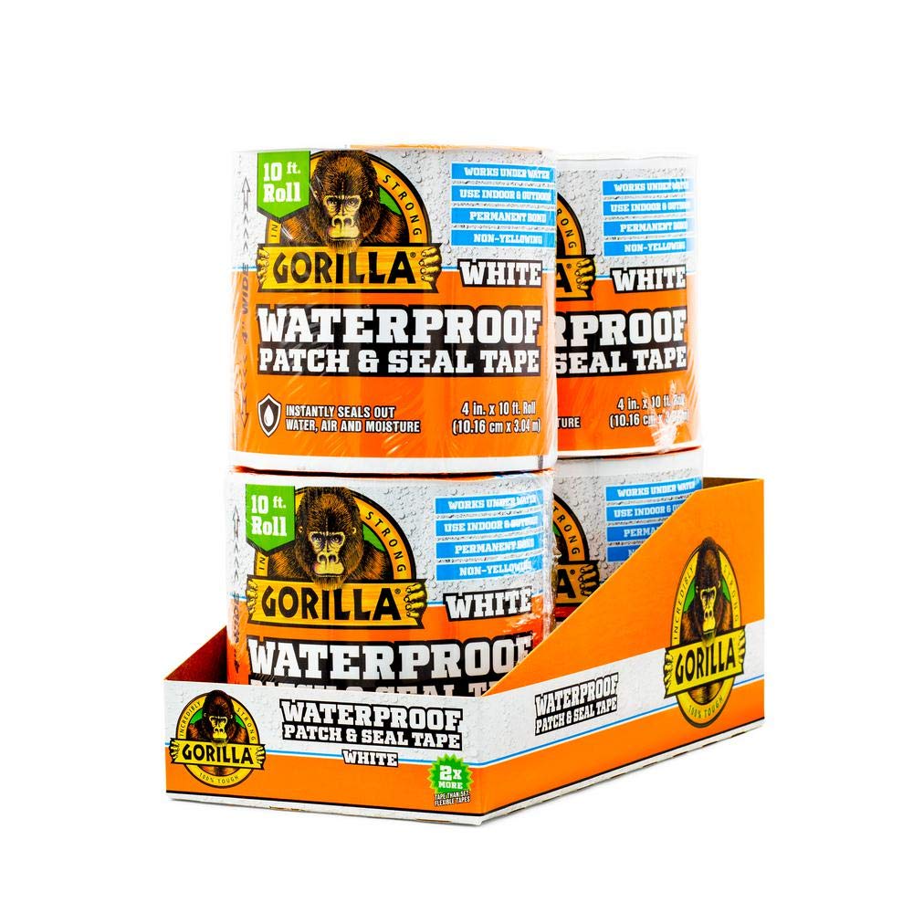 GORILLA Waterproofing Tape, Permanent, White, 4" x 10 | Weather Resistant for Leaks and Repairs, Conforms to All Surfaces, UV and Moisture Resistant Backing