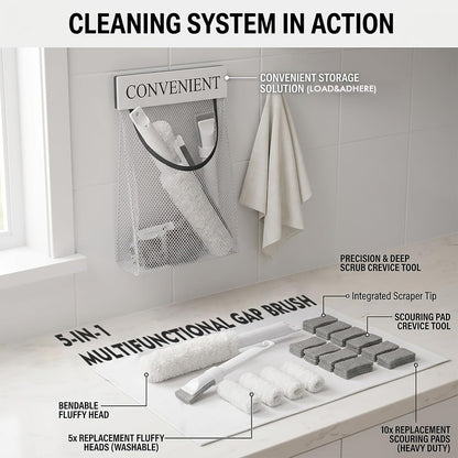 Home Detail Cleaning Kit, Crevice Cleaning Brush, 5-in-1 Detail Duster, Replacement Pads, Microfiber Sleeves and Storage Bag for Window Tracks, Air Vents, Kitchen and Bathroom