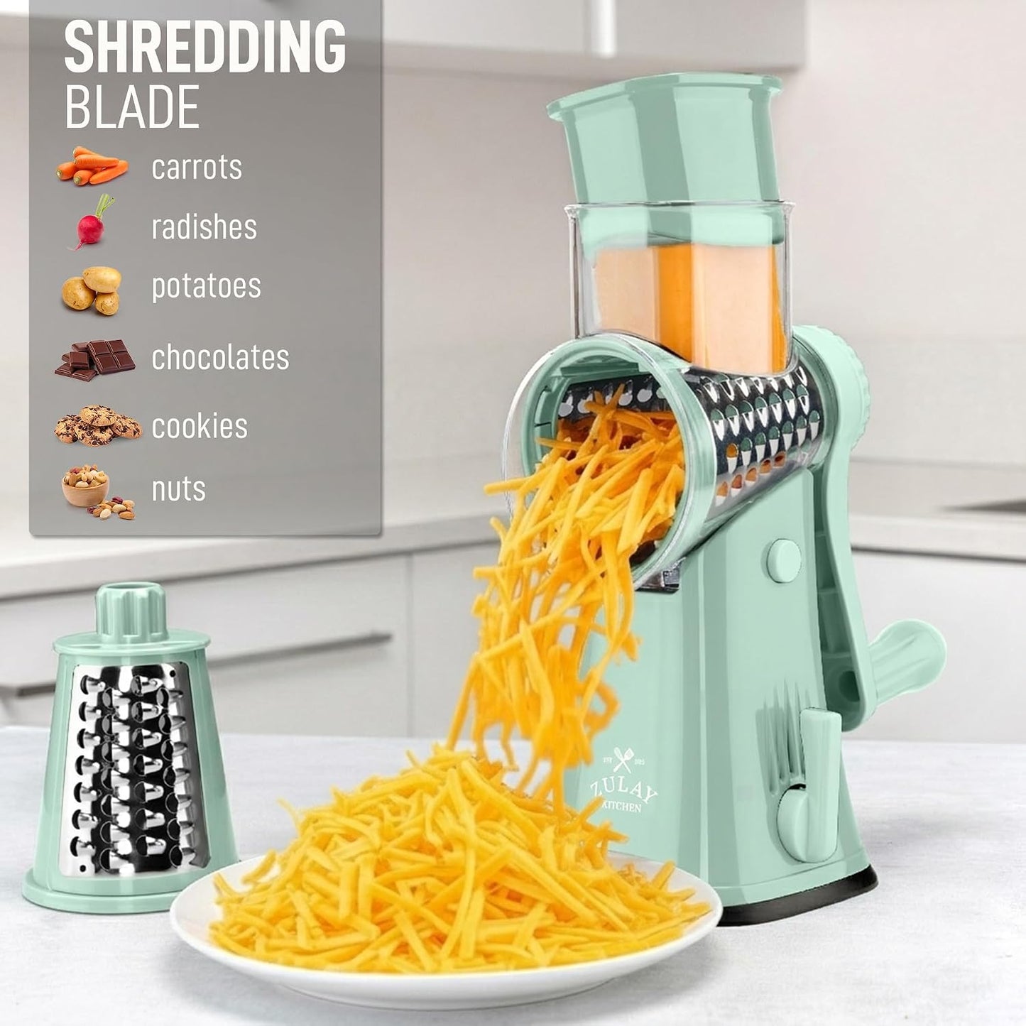 Zulay Kitchen Rotary Cheese Grater 5 Blade Cheese Shredder - Manual Hand Crank Cheese Grater With Reinforced Suction & 5 Interchangeable Drums - Easy to Use, Vegetable Chopper Round Mandoline Slicer - Colors A