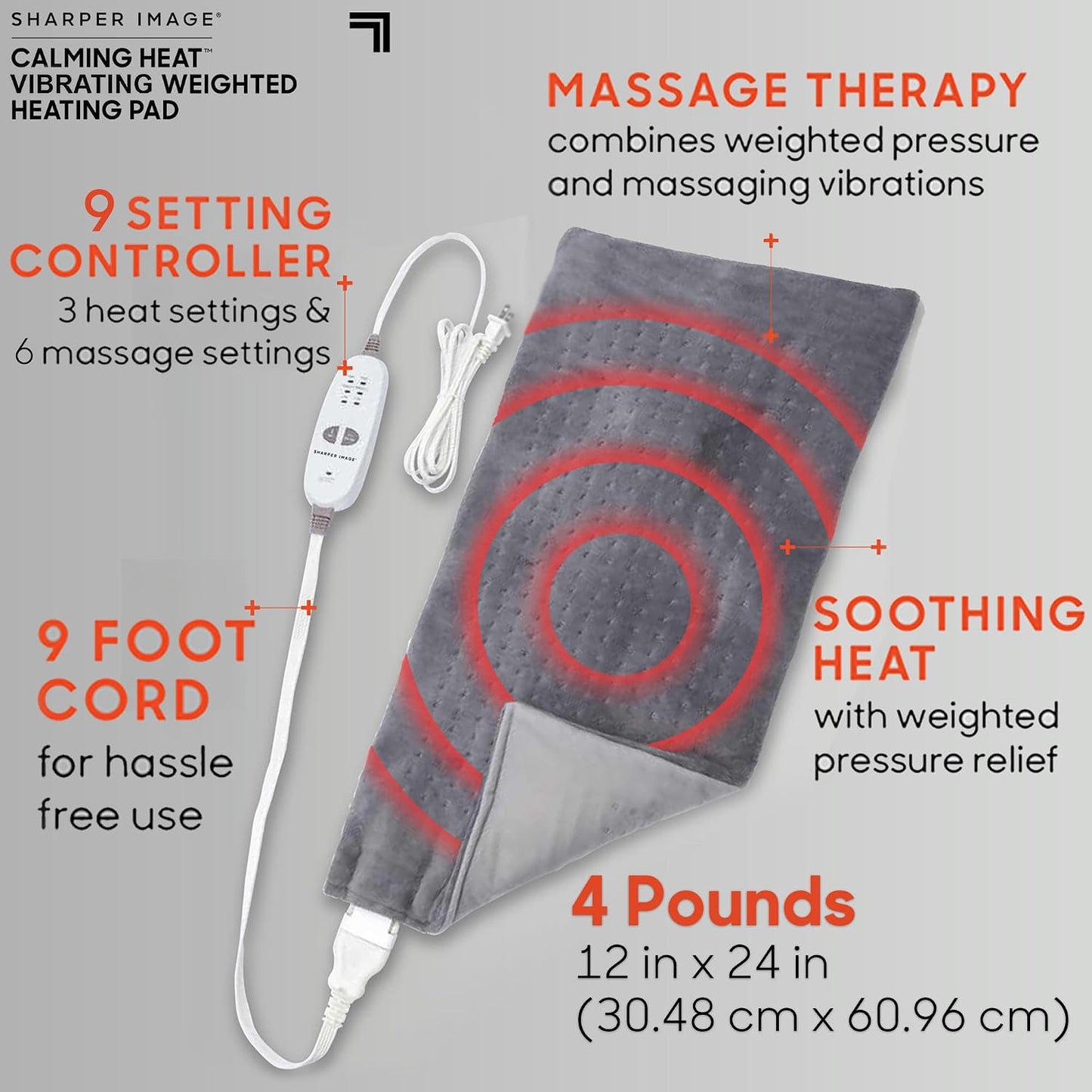 Calming Heat Massaging Vibrations Weighted Heating Pad by Sharper Image | Temperature Settings, Auto Shut-Off Feature, Gift for Holidays, Women & Men | 3 Heat, 6 Massage, 12” x 24”, 4 lbs