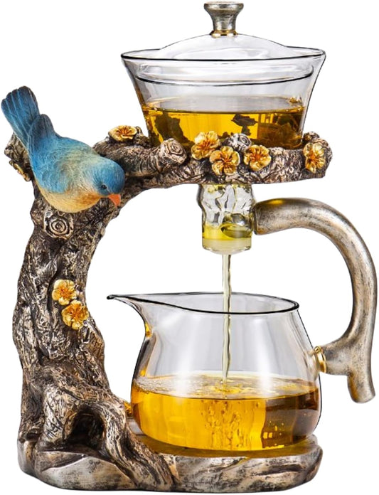 Glass Teapot Set Animal Bird Design Semi-automatic Drip Rotating Bowl with Infuser Lazy Kungfu Tea Pot Set (teapot)