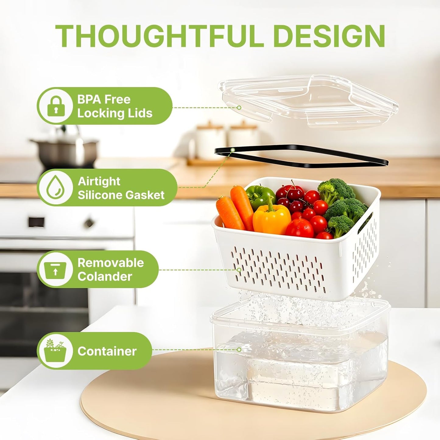5 Pack Large Fruit Storage Containers for Fridge, Leakproof Produce Containers with Removable Colanders, Dishwasher Safe Fridge Organizers and Storage, Keep Berry, Vegetables Fresh Longer