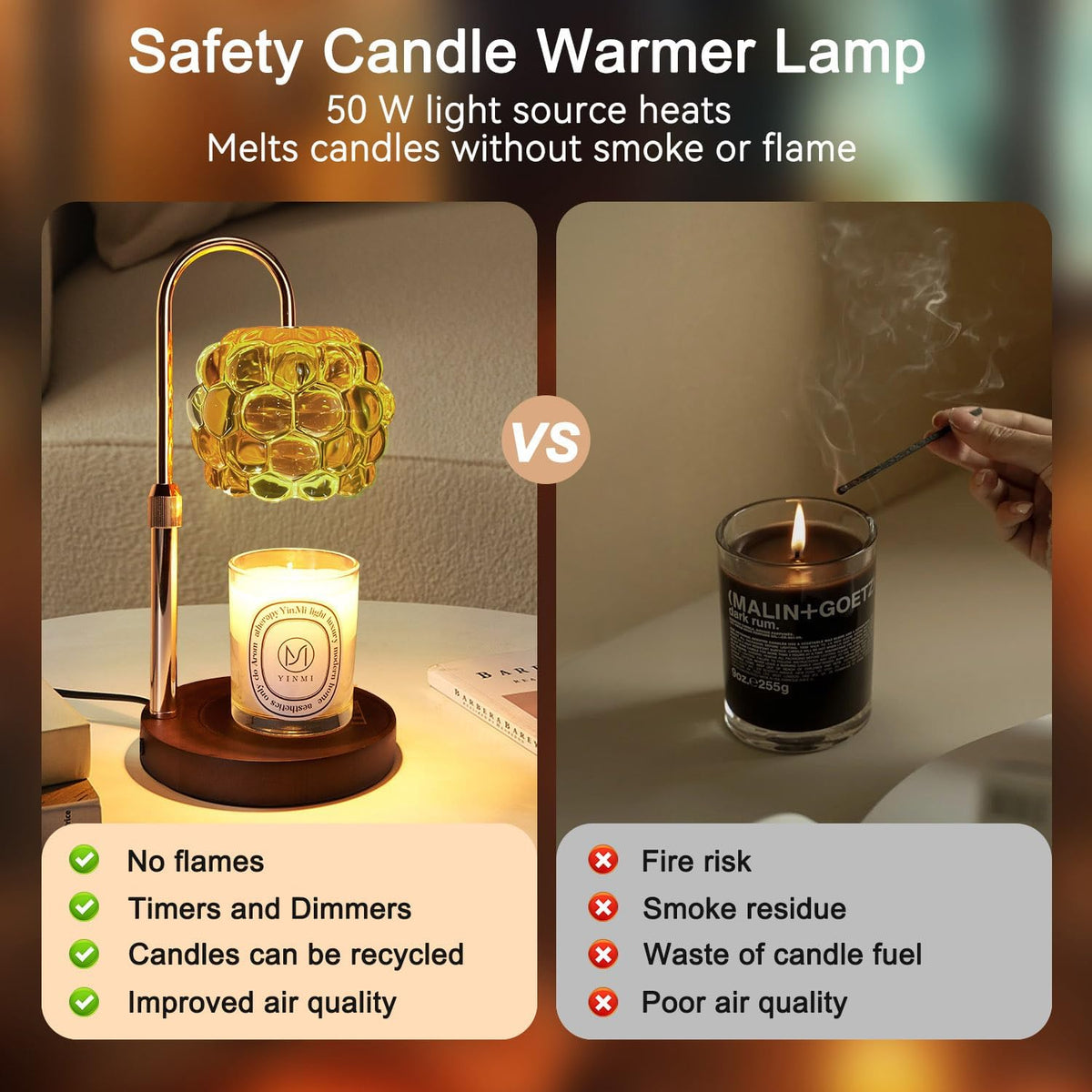 Candle Warmer Lamp with Timer Adjustable - Height Candle Warmer, Dimmer, Black Glass Wax Melting Lamps for Home Decor, for Candles in Jars with 2 Bulbs