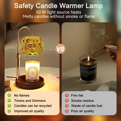 Candle Warmer Lamp with Timer Adjustable - Height Candle Warmer, Dimmer, Black Glass Wax Melting Lamps for Home Decor, for Candles in Jars with 2 Bulbs