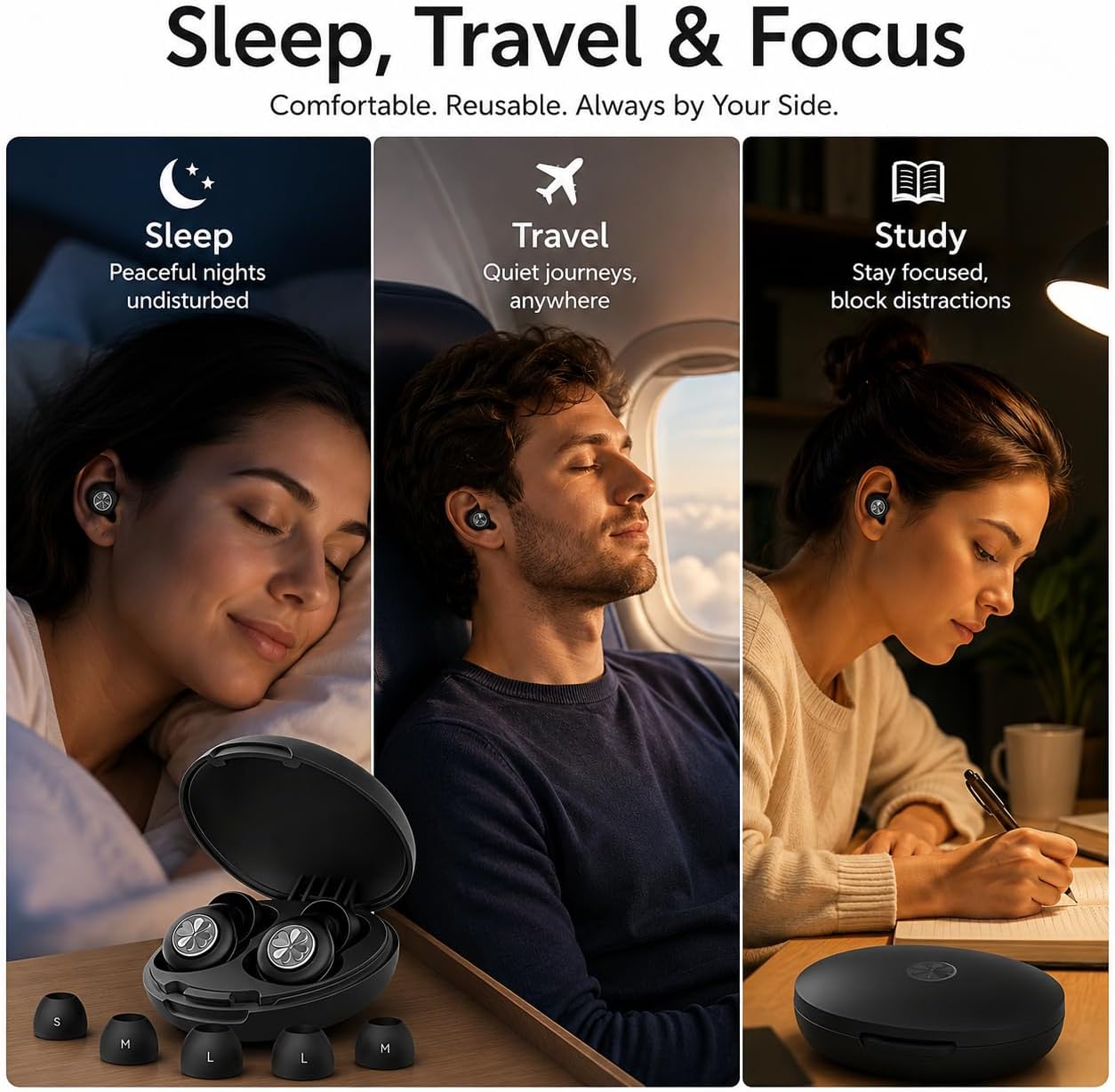 HEKKE 45dB Ear Plugs for Sleeping, Soft Silicone for Side Sleepers, 4 Sizes | Reusable soft silicone with XS/S/M/L sizes for side sleepers, concerts, flights and hotels; carrying case included.